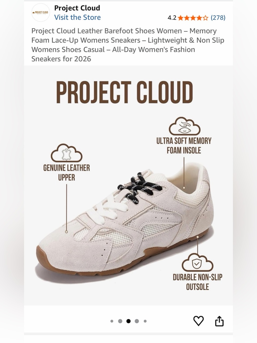 Project Cloud Leather Barefoot  Women’s Memory Foam Lace-Up Sneakers. Size 8. - Picture 3 of 10